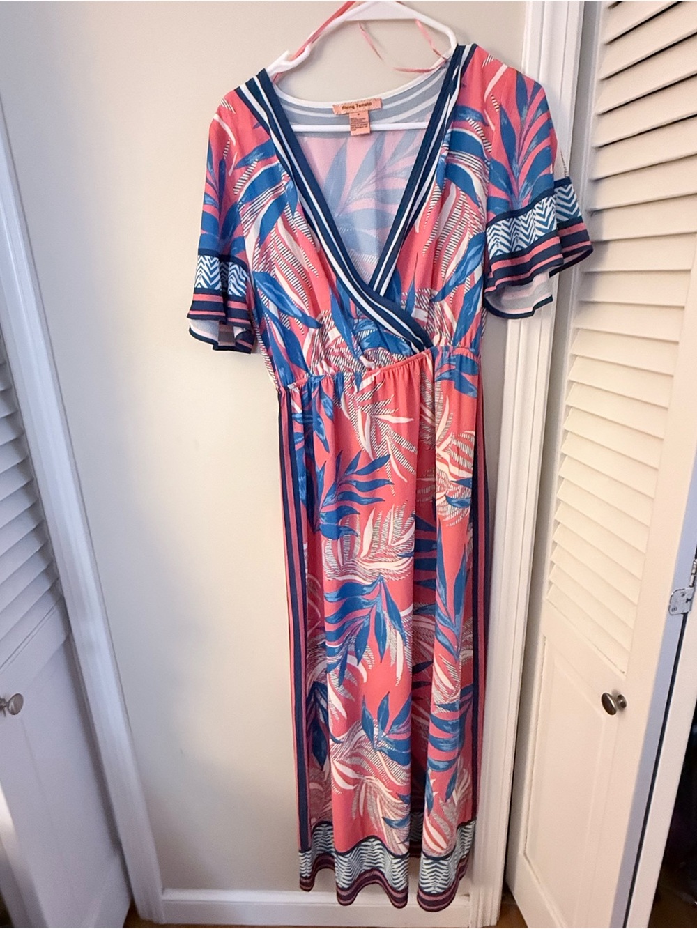 Flying Tomato Pink and Blue Tropical Wrap Maxi Dress
